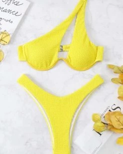 锦瑞 New In Textured One Shoulder Underwire Bikini Swimsuit