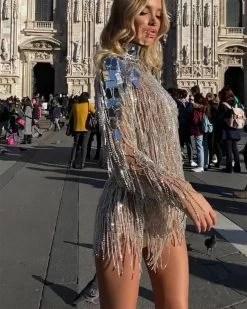 Divanewlook New In SILVER TASSEL DRESS