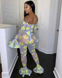 乐蒂丝 Sale Floral Sheer Flared Jumpsuit