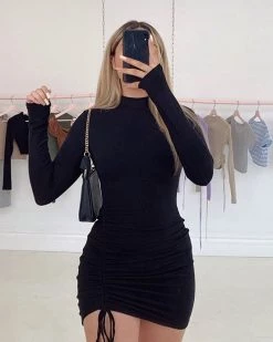 Divanewlook New In SOLID HALF HIGH COLLAR DRESS