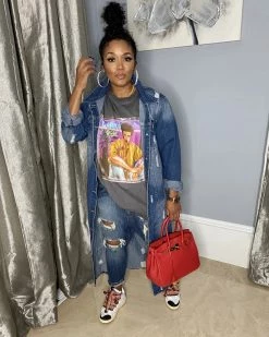 彩君服饰 DISTRESSED LONG DENIM JACKET Sale