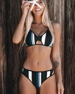 鑫旺 Blue White And Black Striped Bikini New In