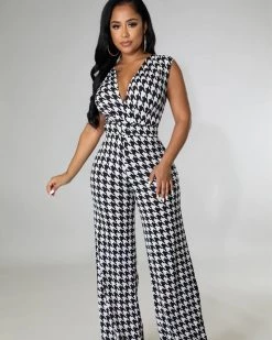 Divanewlook Gianna HOUNDSTOOTH V NECK JUMPSUIT New In