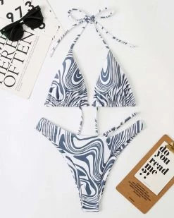 润熙 Zebra Stripe Halter Bikini Swimsuit New In