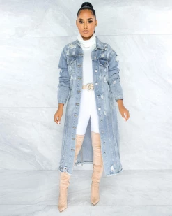 彩君服饰 DISTRESSED LONG DENIM JACKET Sale