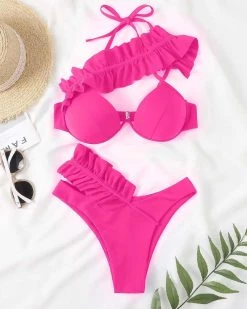 海拓 Frill Trim Halter Push Up Bikini Swimsuit New In