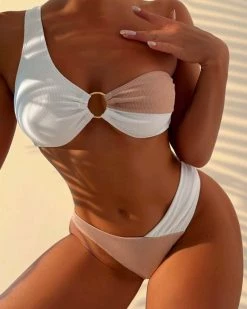 辉煌 New In Color Block Rib Ring Linked One Shoulder Bikini Swimsuit