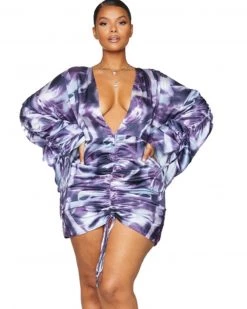 拉奇 Purple Print Drawstring Dress