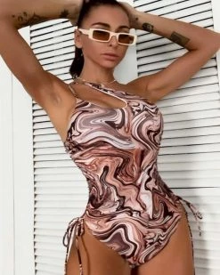 德鑫 Abstract Fluid Pattern One Shoulder One Piece Swimsuit