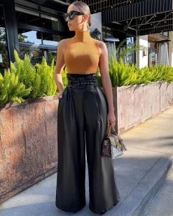 温蒂诗 Wide Leg Pants With Metal Belt New In