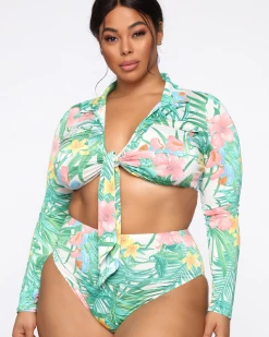 Divanewlook Women's 2 Piece Tropical Print Long Sleeve Swimsuit New In