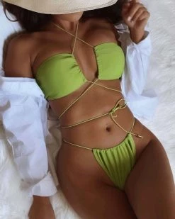 楚双 Solid Halter Thong Bikini Swimsuit New In