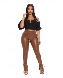 永曼 New In Faux Leather Tied Slit Pant