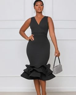 Divanewlook New In Ruffled Trim Bodycon Midi Dress