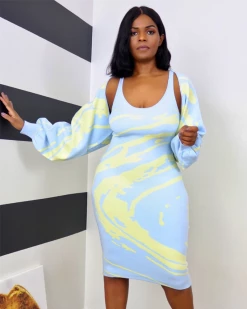 旭天 Blue Swirl Bolero Dress Combo New In