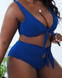 神采 BLUE AND KNOTTED HIGH WAIST SWIMSUIT New In