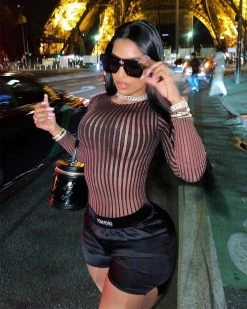 鼎傲 Striped Print Sexy Mesh See-through Suit