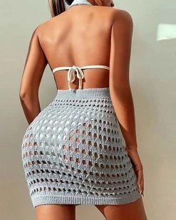 盈升 New In Hollow Out Tie Front Halter Cover Up