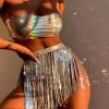 海知 3pack Holographic Bandeau Bikini Swimsuit & Sequin Fringe Beach Skirt