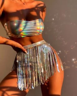 海知 3pack Holographic Bandeau Bikini Swimsuit & Sequin Fringe Beach Skirt