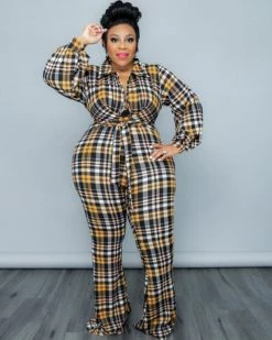 鸣达 Bubble Sleeve Plaid Jumpsuit