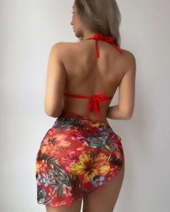 泳河 Tropical Print Halter Triangle Bikini Swimsuit With Cover Up