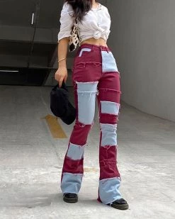 Divanewlook New In COLOR BLOCK STITCHING JEANS