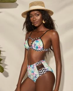 迪拉蒙 New In Black And White Corrugated Plant Printing Swimsuit