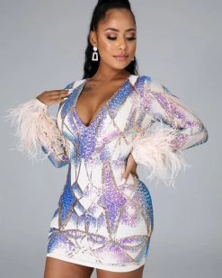 纯雅 Trace Sequins Feather Dress