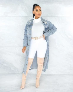 彩君服饰 DISTRESSED LONG DENIM JACKET Sale