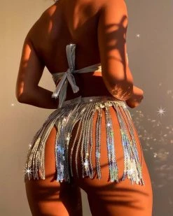 海知 3pack Holographic Bandeau Bikini Swimsuit & Sequin Fringe Beach Skirt