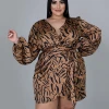 正集 PLUS FAUX WRAP MINI DRESS (CHEETAH PRINT) New In