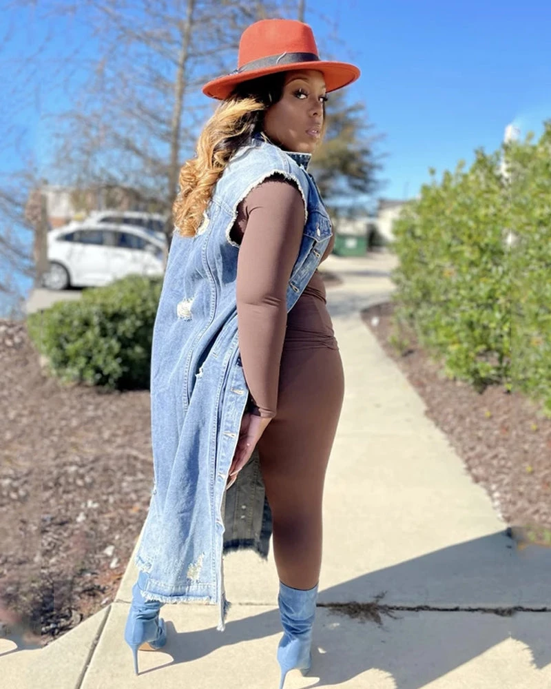 Divanewlook New In Sleeveless Long Denim Jacket 2 Divanewlook New In Sleeveless Long Denim Jacket