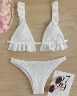 陆楚溢 New In Textured Ruffle Trim Triangle Bikini Swimsuit