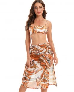 杰仕尼 New In Pleated Design Wavy Print Three Piece Swimsuit