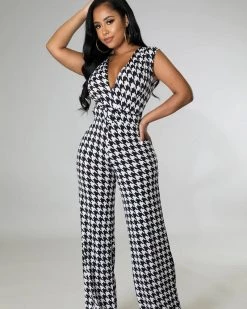 Divanewlook Gianna HOUNDSTOOTH V NECK JUMPSUIT New In