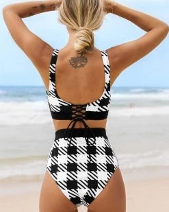 牧之 Black And White Plaid High Waisted Bikini