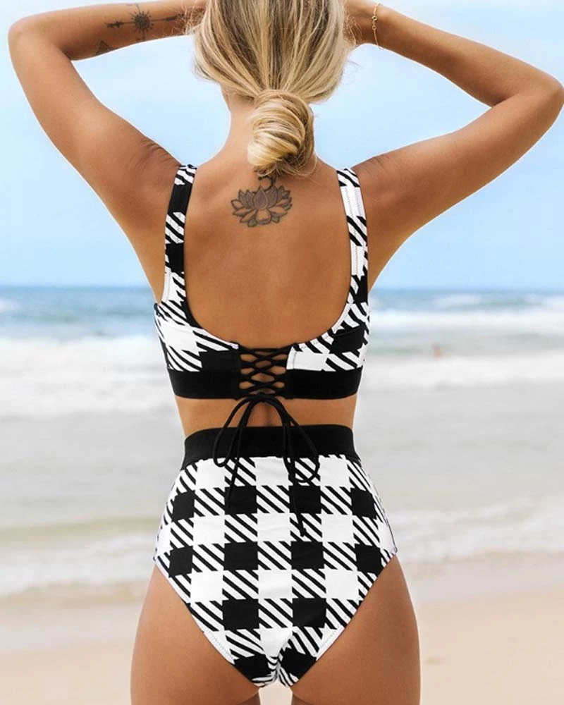牧之 Black And White Plaid High Waisted Bikini 2 牧之 Black And White Plaid High Waisted Bikini