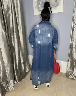 彩君服饰 DISTRESSED LONG DENIM JACKET Sale