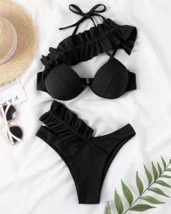 海拓 Frill Trim Halter Push Up Bikini Swimsuit New In