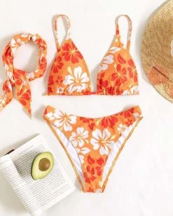 欧兰 Floral Print Triangle Bikini Swimsuit & Bandana New In