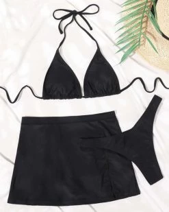 Four Persons Powers Plain Halter Triangle Bikini Swimsuit With Beach Skirt