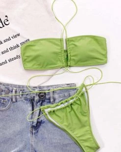 楚双 Solid Halter Thong Bikini Swimsuit New In