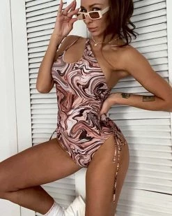 德鑫 Abstract Fluid Pattern One Shoulder One Piece Swimsuit