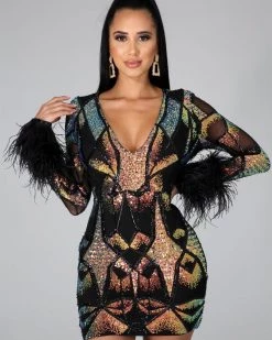 纯雅 Trace Sequins Feather Dress