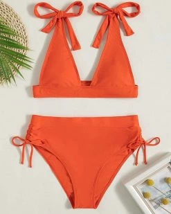 蓉飞迪 Solid Knot Shoulder High Waisted Bikini Swimsuit New In