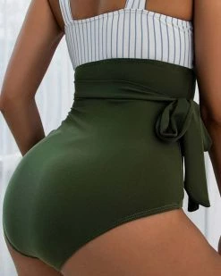 甘尼斯 Striped Knot Waist One Piece Swimsuit New In