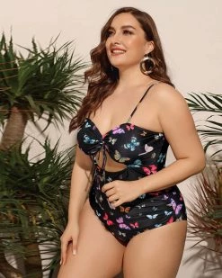鸿瑞 New In Black Butterfly Print One-piece Swimsuit