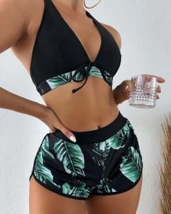 美域高 3pack Tropical Print Halter Bikini Swimsuit New In