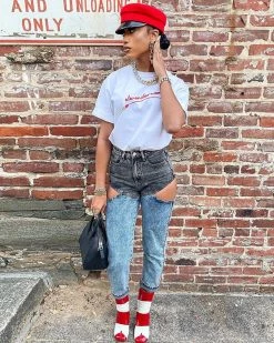 芙瑞特 Hollow Out The Clash Of Colors Jeans New In